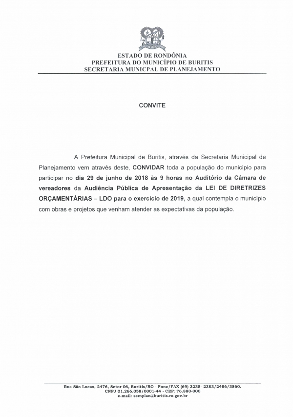 Audiência Pública de Apresentação da LEI DE DIRETRIZES ORÇAMENTÁRIAS – LDO para o exercício de 2019