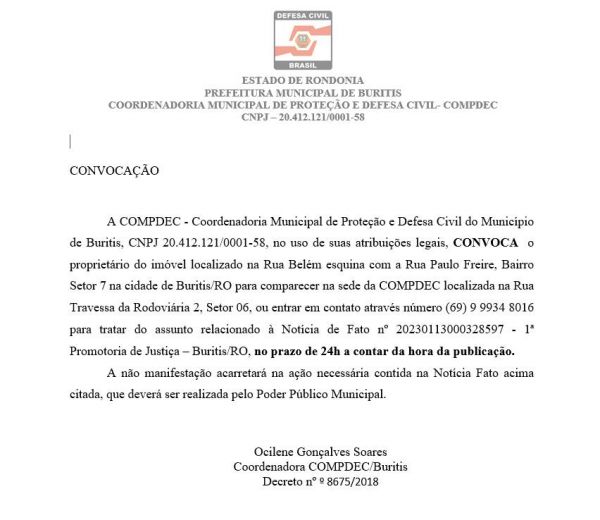 CONVOCAÇÃO: COMPDEC - Coordenadoria Municipal de Proteção e Defesa Civil do Município de Buritis
