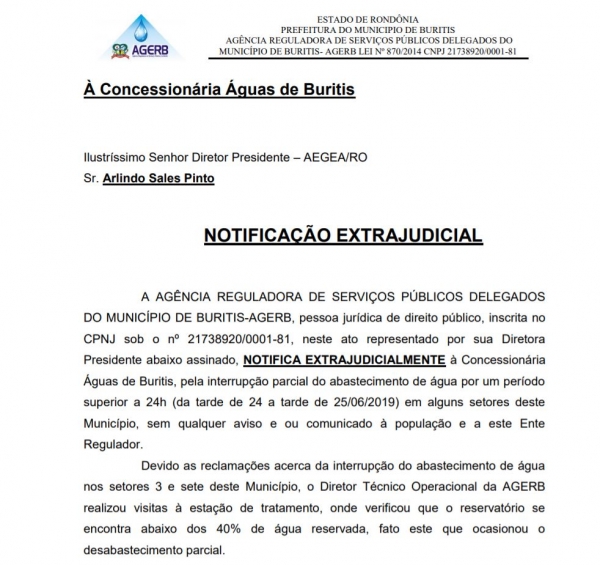 NOTIFICAÇÃO - Concessionária Águas de Buritis.